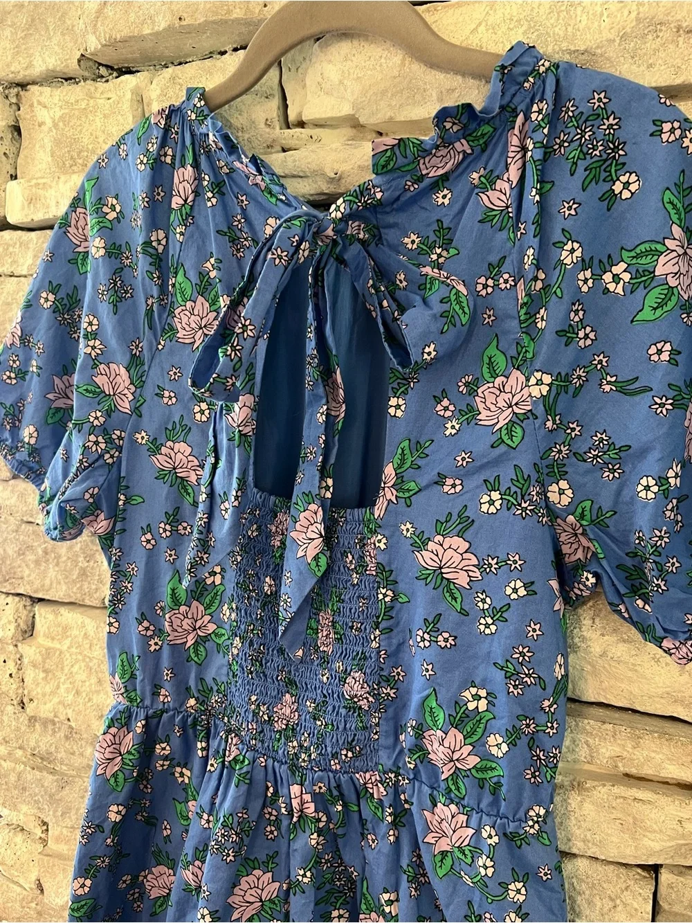 J. Crew Blue Floral Mini Dress with Puff Sleeves, Smocked & Tie Back 100% Cotton - Picture 3 of 10